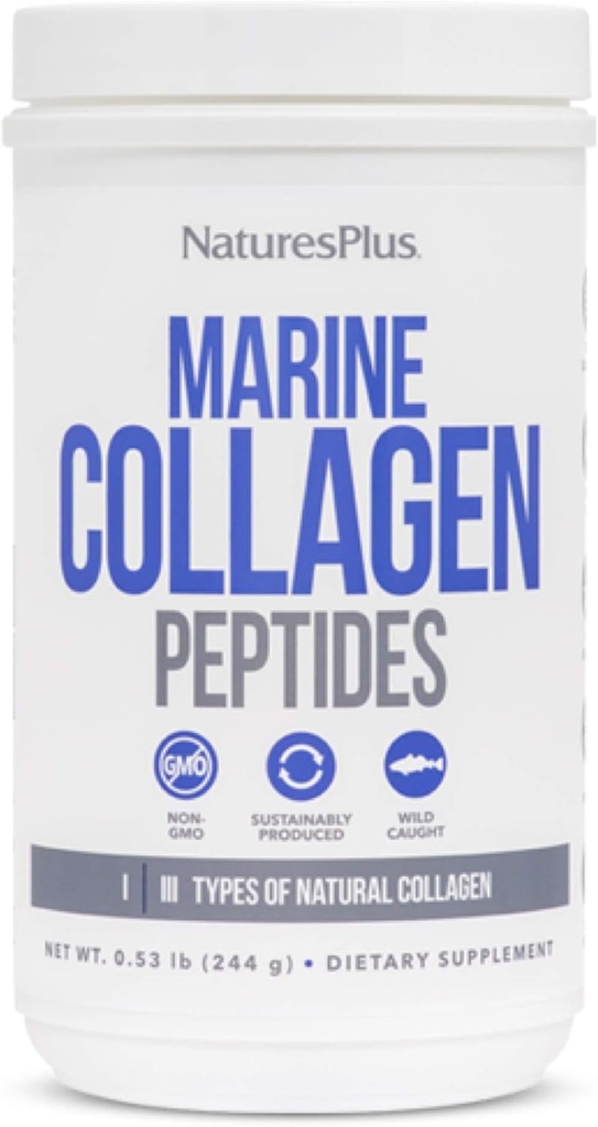NaturesPlus Marine Collagen Peptides, Unflavored - 0.54 lb - Hair, Skin, Nail & Joint Health, Immune System Support - Gluten Free, Non-GMO - 20 Servings