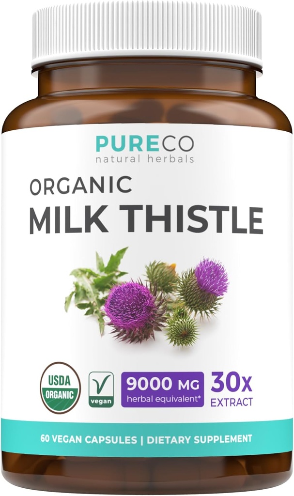 USDA Organic Milk Thistle Capsules - 80% Silymarin Supplement for Lever Support - Super koncentreret 300mg af 30: 1 Milk Thistle Extract Tilsvarende 9.000mg - Milk Thistle Lever Detox 60 Day Supply
