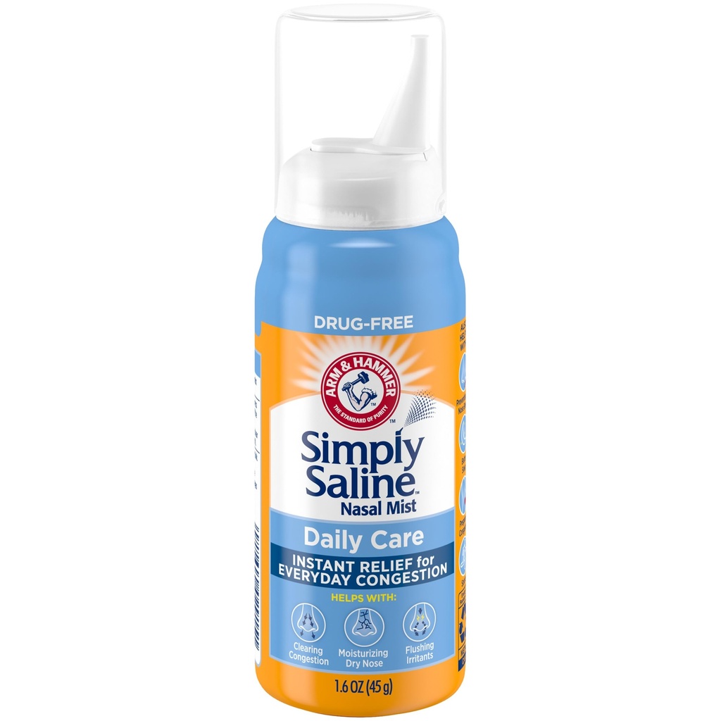 ARM & HAMMER Simply Saline Daily Care Nasal Mist, Drug- Free Non- Drowsy Saline Spray til Instant Nasal Congestion og Allergy Relief, Brug så ofte som nødvendigt, Egnet til at bruge hvis gravid, 1.6 oz