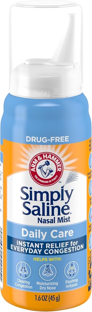 ARM & HAMMER Simply Saline Daily Care Nasal Mist, Drug- Free Non- Drowsy Saline Spray til Instant Nasal Congestion og Allergy Relief, Brug så ofte som nødvendigt, Egnet til at bruge hvis gravid, 1.6 oz