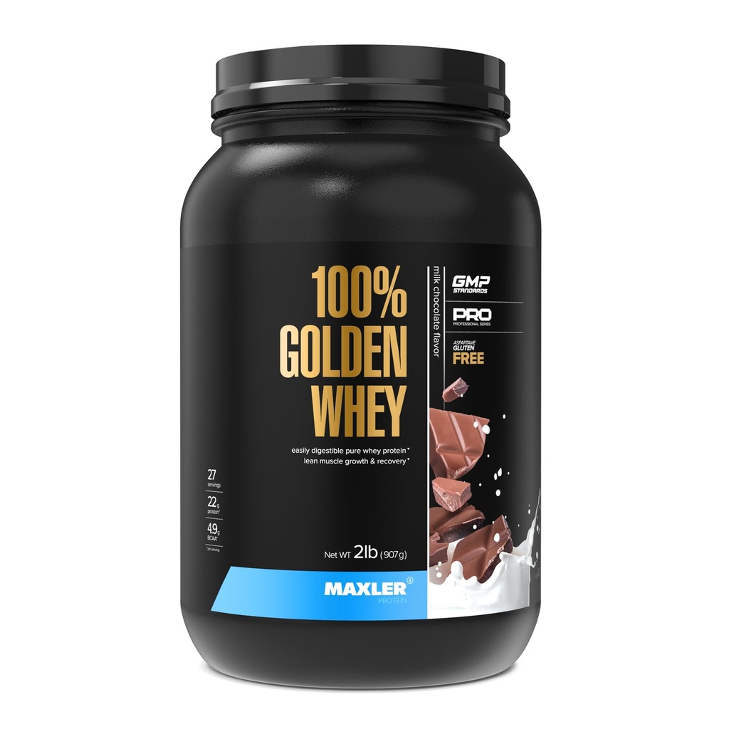 Maxler 100% Golden Whey Protein - 22g Protein per servering - Premium Whey Protein Powder for Pre Post Workout - Fast- Absorbing Whey Koncentrat Isolere & Hydrolysat Blend - Milk Chocolate Protein 2 LB