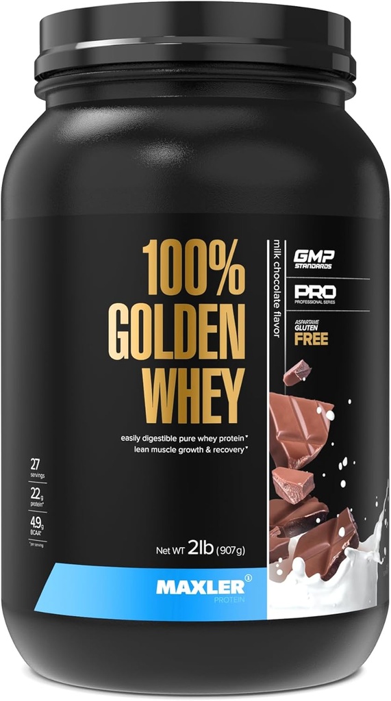 Maxler 100% Golden Whey Protein - 22g Protein per servering - Premium Whey Protein Powder for Pre Post Workout - Fast- Absorbing Whey Koncentrat Isolere & Hydrolysat Blend - Milk Chocolate Protein 2 LB