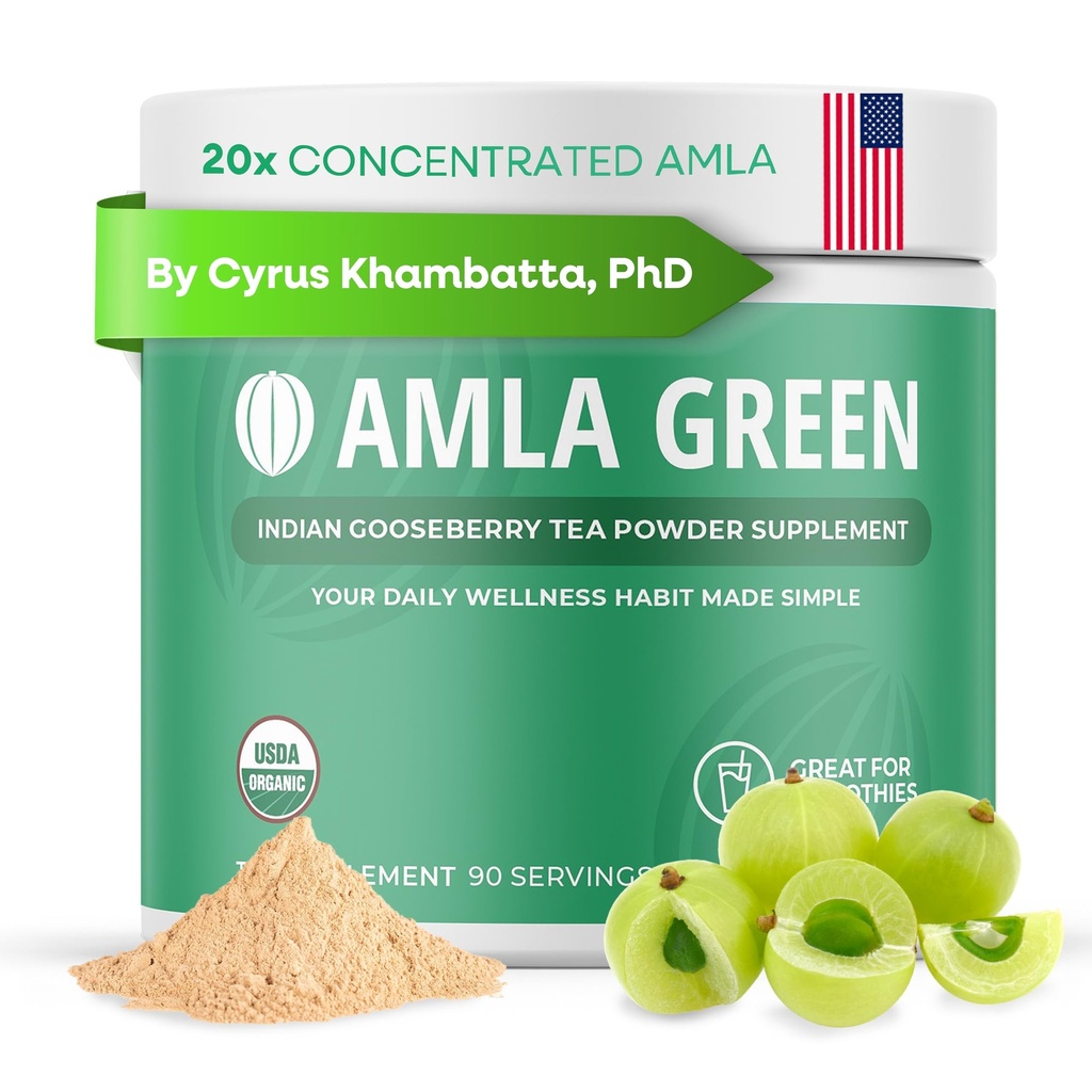 Amla Powder & Green Tea Superfood Supplement, 20x Ultra Koncentreret Amla, Antioxidant Support, Lavet med Oolong Tea og indiske Gooseberries, Økologisk, Vegan, Classic Flavor, 90 Servering