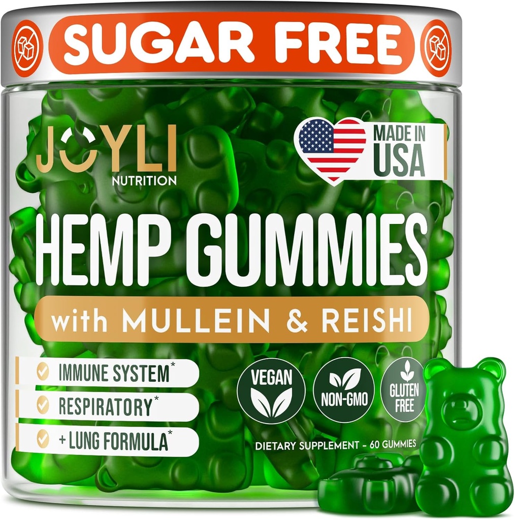 JOYLI Hamp Gummies - Natural Lung Cleanse med Mullein Leaf & Reishi Mushroom - Ekstra styrke Clean Lung Support Supplement med Vitaminer A, C, D & E - Sugar- Free, Vegan, Non- GMO - 60 Edibles