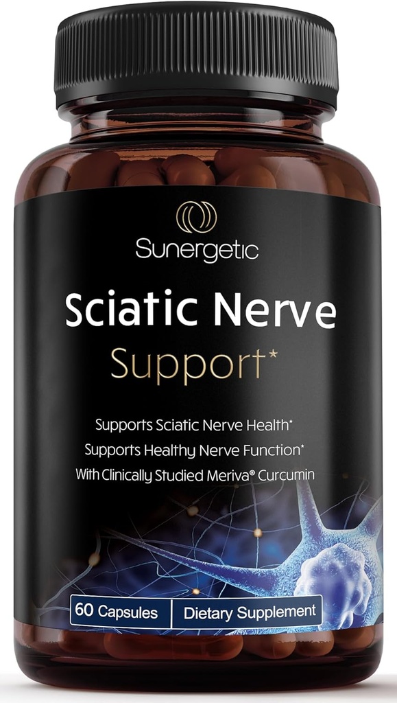 Sunergetic Premium Sciatic Nerve Support Formel - Sciatic Nerve Supplement med Benfotaimin, Alpha Lipoic Acid (ALA) & Meriva Turmerisk - Understøtter Sciatic Nerve Health & Joint Comfort - 60 kapsler
