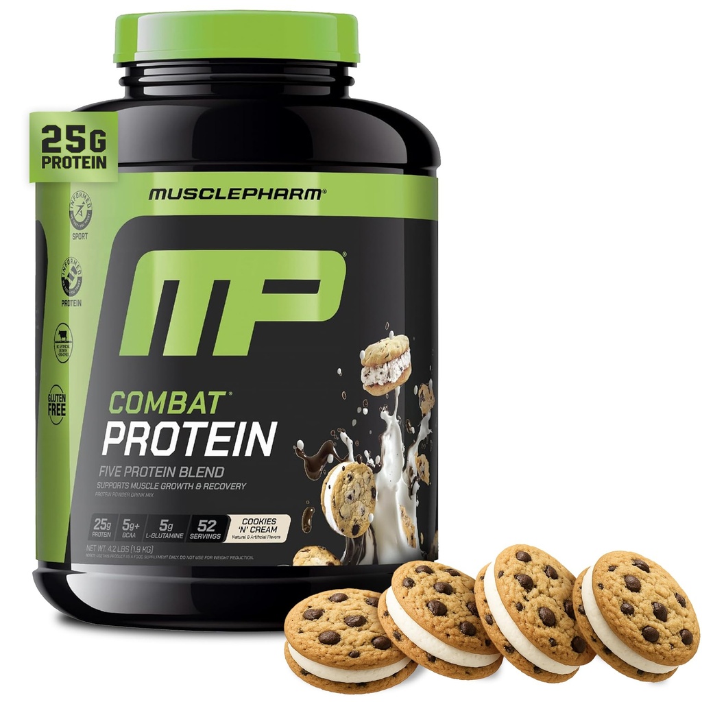 MusclePharm Combat Protein Powder, Cookies 'N' Cream Flavor, Fuels Muscles for Productive Workouts, 5 Protein Kilder, herunder Whey Protein Isolate & Egg Albumin, Gluten Free, 4 LB, 52 Servere