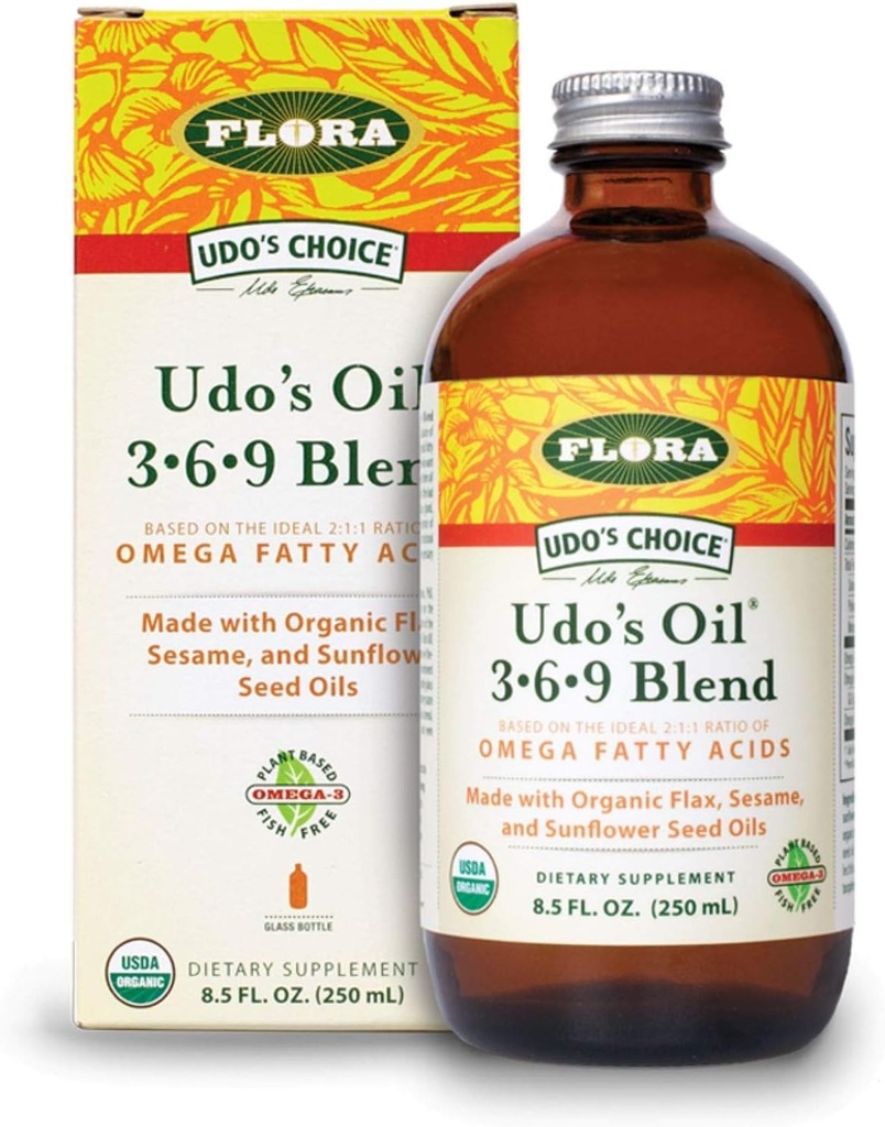 Flora - Udo 's Choice Omega 369 Oil Blend, Lavet med organisk hør, Sesame & Sunflower Seed Olies, Plant- baserede Vegan Omega fede syrer, Baseret på Ideel 2: 1 Ratio, 8.5-fl. oz. Glasflaske