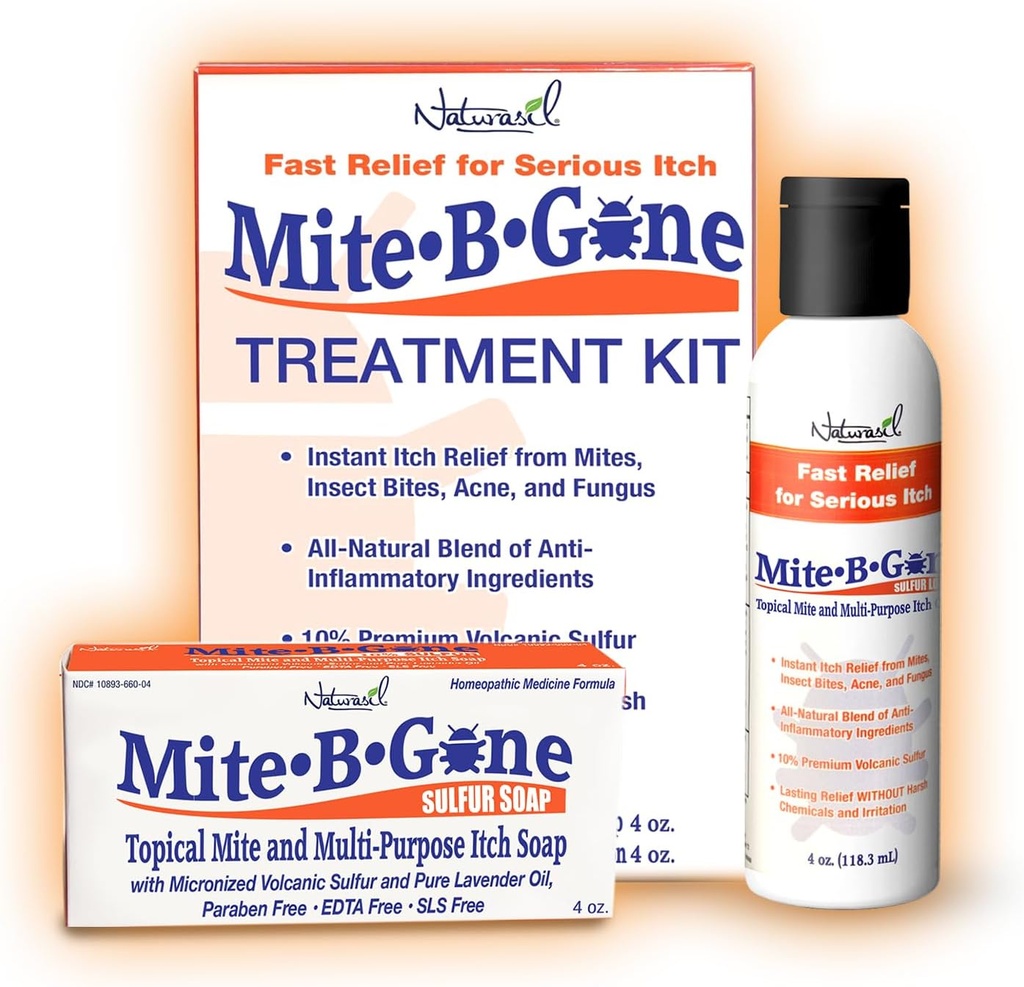 Mite Treatment Lotion & Soap af Mite- B- Gone Gone 124; Natural Relief for Acne, Bug Bites, Hud Rødme & Kløe, Diskomfort & Rosacea Budd124; Sikker for børn og voksne; Behandling Kit