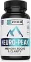 Zhou Neuro- Peak - Brain Supplements for Memory and Focus, Nootrop for Mænd & Kvinder, Brain Support Pill for Voksne, Brain Vitaminer - 30 Veggie Kapsler (pakke med 1)