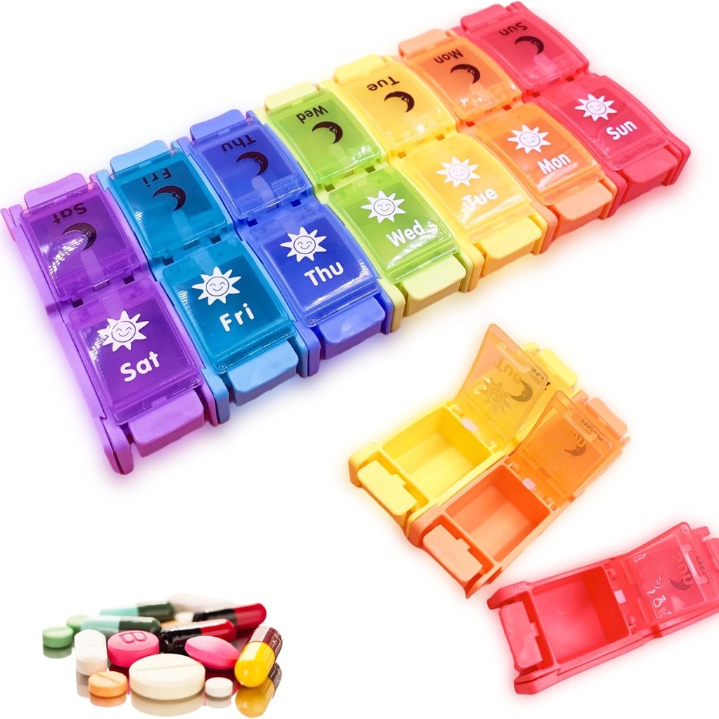 Pill Organizer 2 gang om dagen, SZREDU 7-Day Ugentlig Pill Case, Rejse AM / PM Pill Container, Store Segment Medicine Planner, Aftagelig Medicin Organizer Box for Vitamin, Fiskeolier, Kapsler