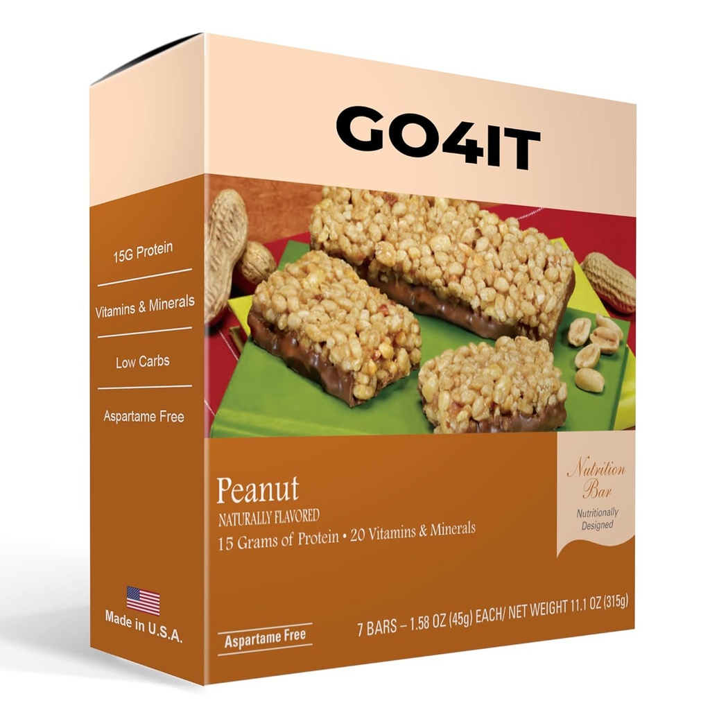 GO4IT Health Meal Erstatning Bar, HØJE Protein Nutrition Bar, HØJE Fiber, LOW Kalorier, KETO venlige, On- the- go, Vægttab Food Bar, 7 / Box - (Peanut)