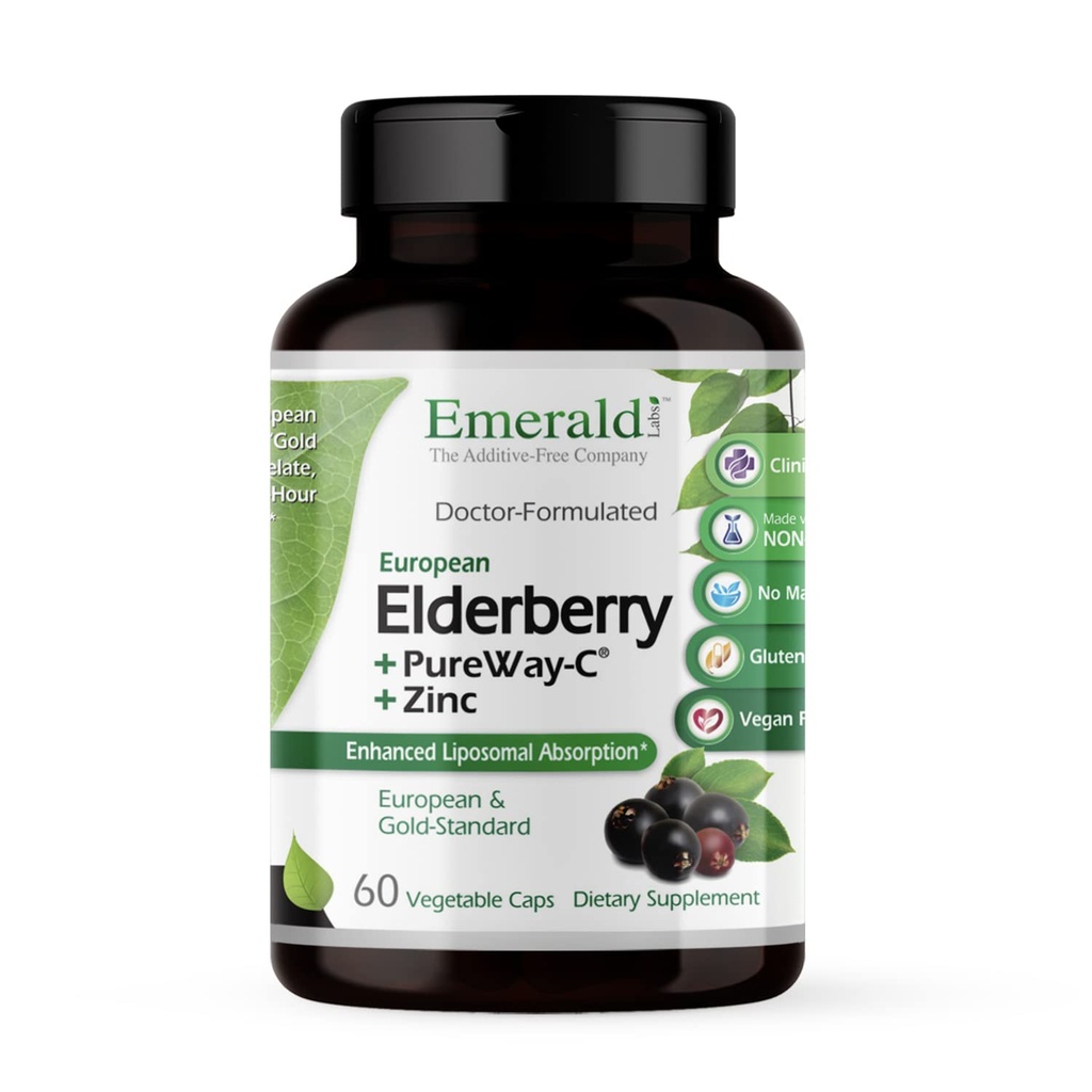 EMERALID LABS Elderberry Plus - Fordøjelsestilskud og immunforsvar med European Elderberry Extract, C-vitamin som PureWay@-@ C & Albion Chelated Zink - Vegan & Gluten- Free - 60 grøntsagskapsler (30- dages forsyning)