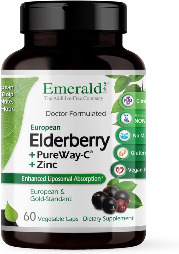 EMERALID LABS Elderberry Plus - Fordøjelsestilskud og immunforsvar med European Elderberry Extract, C-vitamin som PureWay@-@ C & Albion Chelated Zink - Vegan & Gluten- Free - 60 grøntsagskapsler (30- dages forsyning)