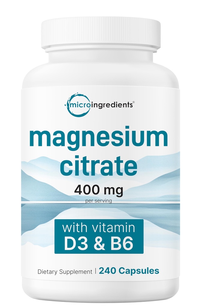 Mikroingredienser Magnesium Citrate 400mg, 240 Kapsler; 124; med vitamin D3 1000IE & B6; 124; Muskel, hjerte & fordøjelsessygdomme