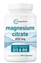 Mikroingredienser Magnesium Citrate 400mg, 240 Kapsler; 124; med vitamin D3 1000IE & B6; 124; Muskel, hjerte & fordøjelsessygdomme