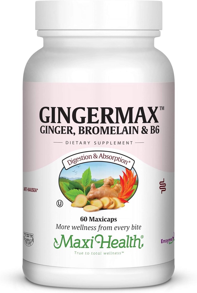 Maxi Health Gingermax - Ingefær - Bromelain & vitamin B6 - fordøjelsessundhed - 60 kapsler - Kosher
