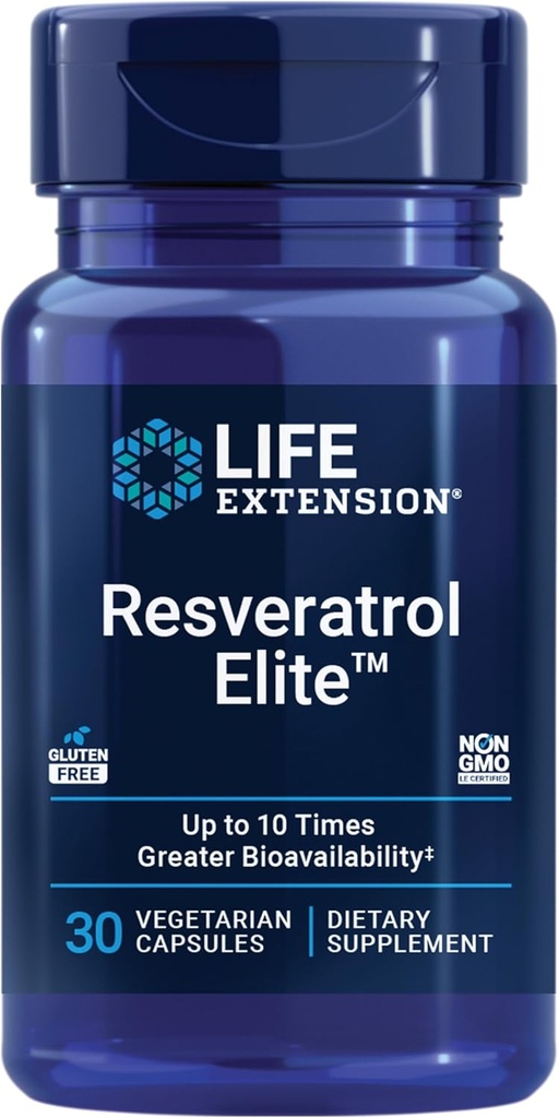 Life Extension Resveratrol Elite, Trans- resveratrol, Sund Age, Kardiovaskulær Sundhed, Brain Health, oxidativ stress, Gluten- Free, Non- GMO, Vegetar, 30 Kapsler