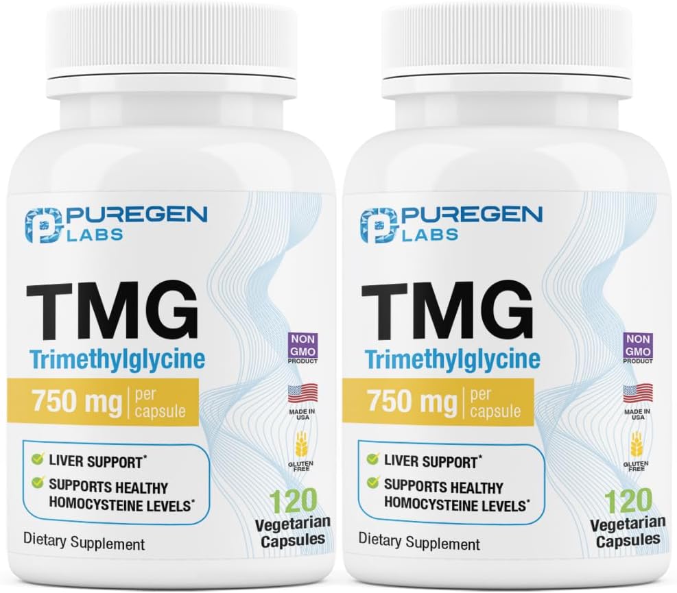 Puregen Labs TMG 750 mg - [høj potens] Trimethylglycin supplement - fremmer sunde homocysteinniveauer, ikke-GMO, NO Gluten og Dairy Mezzogiorno 124; Fremstillet i USA - 2 Pack - Total 240 Vegetariske kapsler
