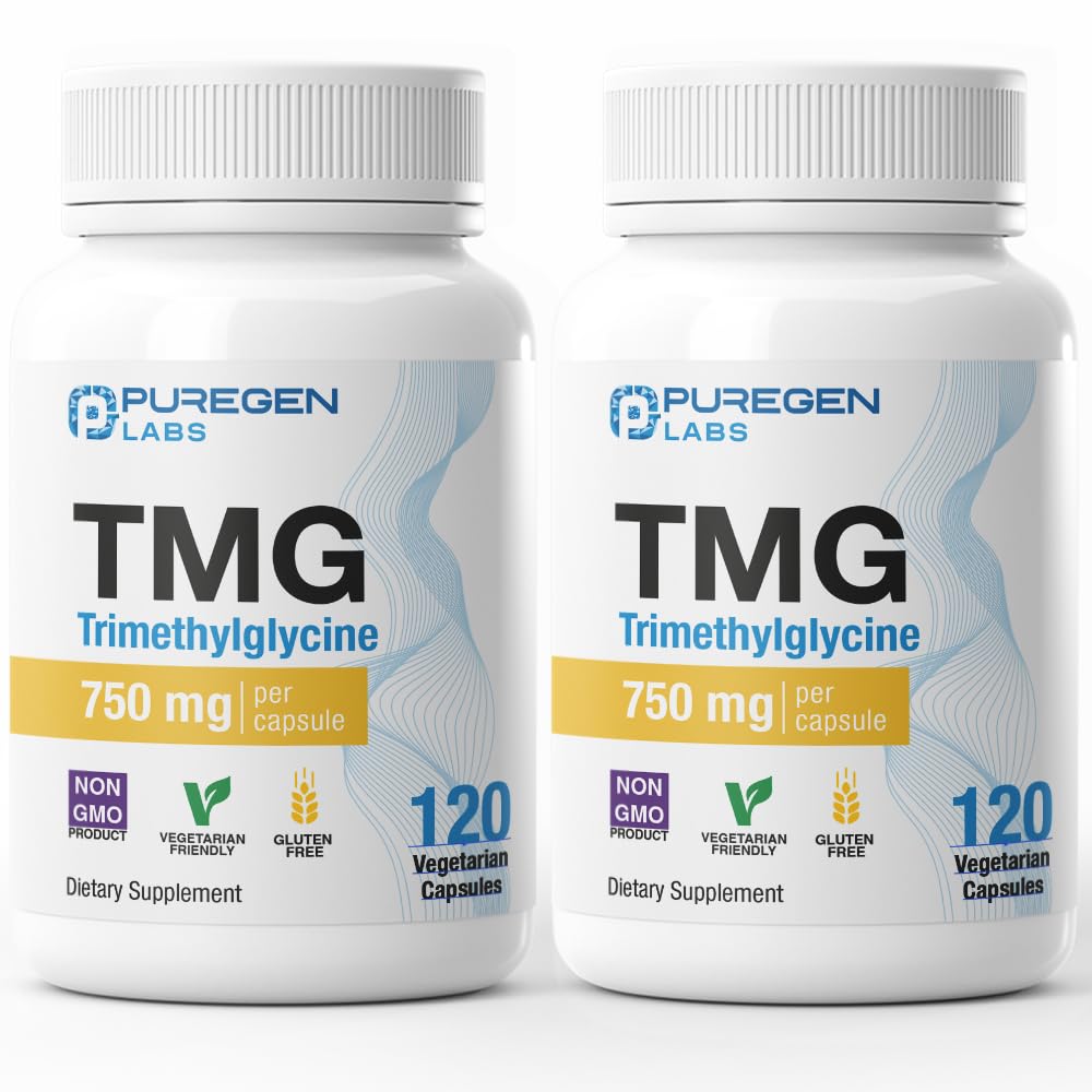 Puregen Labs TMG 750 mg - [høj potens] Trimethylglycin supplement - fremmer sunde homocysteinniveauer, ikke-GMO, NO Gluten og Dairy Mezzogiorno 124; Fremstillet i USA - 2 Pack - Total 240 Vegetariske kapsler