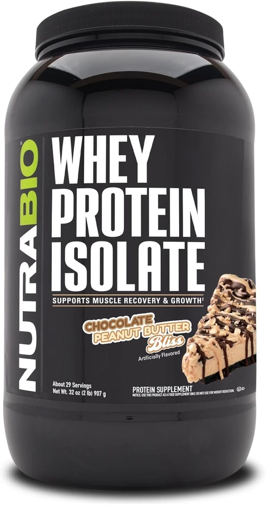 NutraBio 100% Whey Protein Isolate Protein Powder, 25g Protein med komplet Aminosyreprofil, Non- GMO, Soy & Gluten Free, Low Carb, Low Calorie Whey Protein Powder, Chocolate Peanut Butter, 2 Lbs