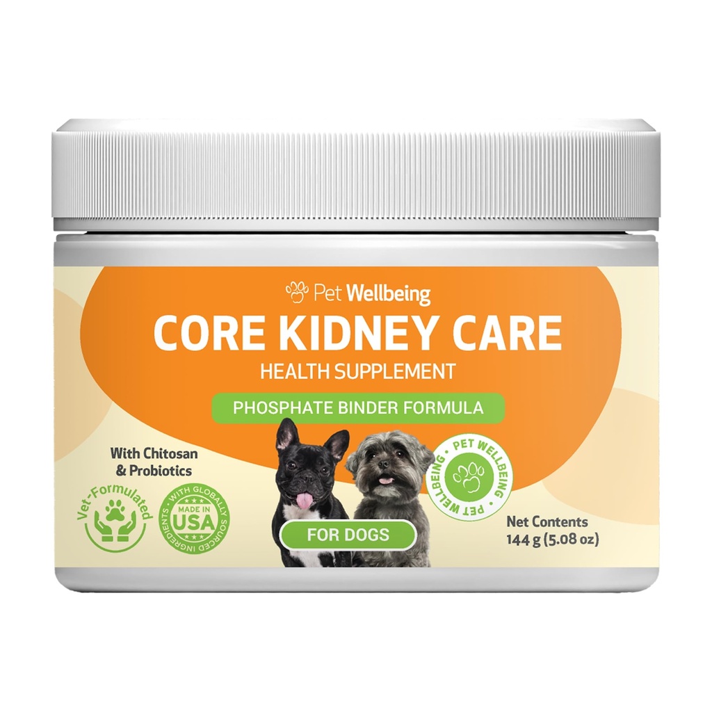 Pet Wellbeing Core Nyre Care for Dogs - Daily Phosphate Binder, Understøtter sund Nyre funktion med FOS, Chitosan, Probiotika - Veterinarian- Formuleret 5.08 oz (144 g) Pulver
