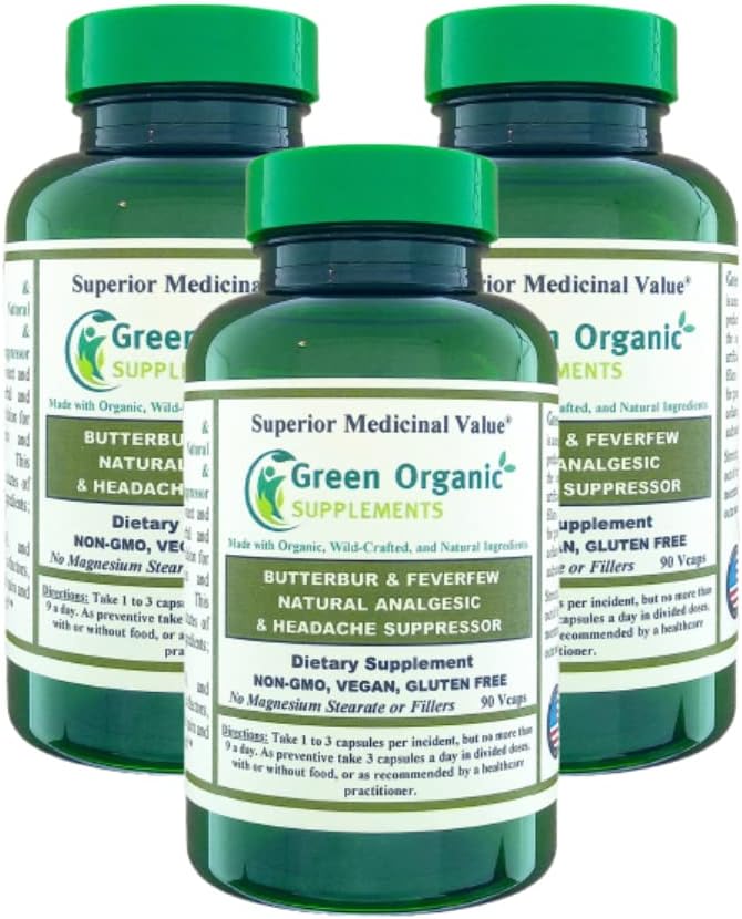 Grøn Økologisk Kosttilskud Butterbur, Feverfeel, Analytisk, Painkiller, & Hovedpine Suppressor, 90 VCs, Høj Absorberbar, Non- GMO, Gluten- Free (Pack of 3)