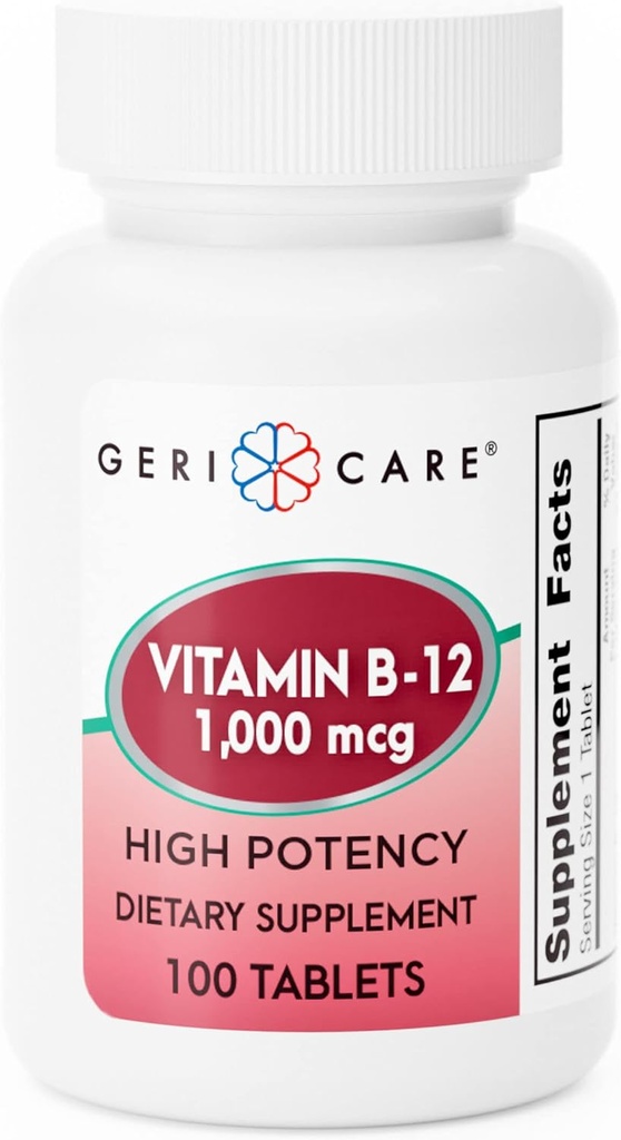 GeriCare vitamin B-12 1000mcg høj potens tabletter, Premium Kosttilskud til at øge energi, støtte hjerne sundhed, og opretholdelse af en sund nervesystem 100 greve (pakke med 1)