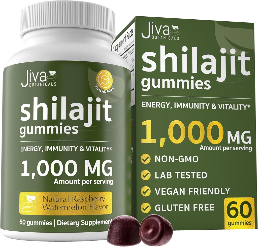 Jiva Botanicals Pure Shilajit fra The Himalayas Gummies for Mænd & Kvinder - Shilajit Gummies 1000mg for sund aldring, immunsystem & normal energistøtte - sukkerfri, Vegan, 60 Greve (pakke med 1)