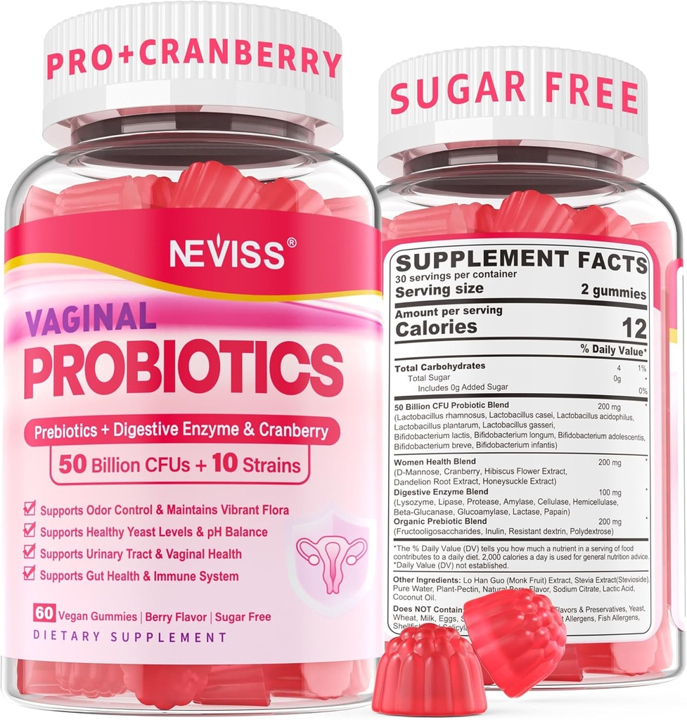Vaginal Probiotika Gummies for Women PH Balance, Odor Control med Prebiotika, Cranberry, D-Mannose, fremmer feminin sund vaginal Flora, Urinære Tract, Gær, fordøjelsesstøtte, sukker fri, 60Cts