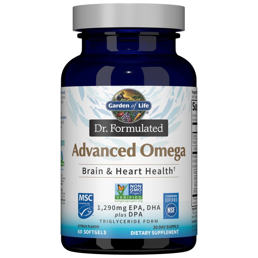 Livets have Dr. Formuleret Advanced Omega Fish Oil - Lemon, 1,290mg EPA, DHA + DPA i triglycerid form, Single Source Omega 3 Supplement til Ultimate Brain & Heart Health, Non- GMO, 60 Softgels