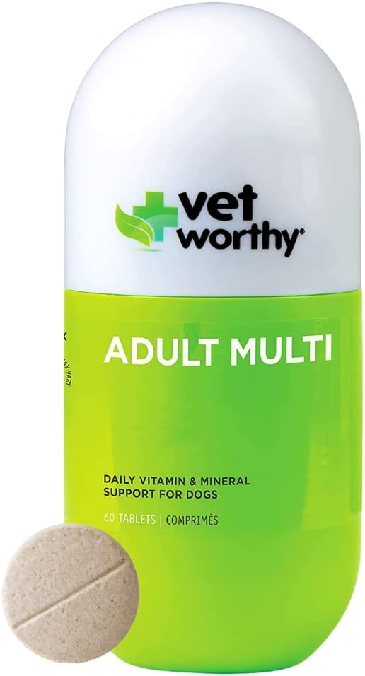 Vet Worthy Voksen Multi Vitaminer - Multivitamin til hunde til støtte Optimum Sundhed og Samlet Wellness - Hund tillæg med jern, Magnesium, Zink, vitamin A, B Vitaminer - Lever flavor, 60 tabletter