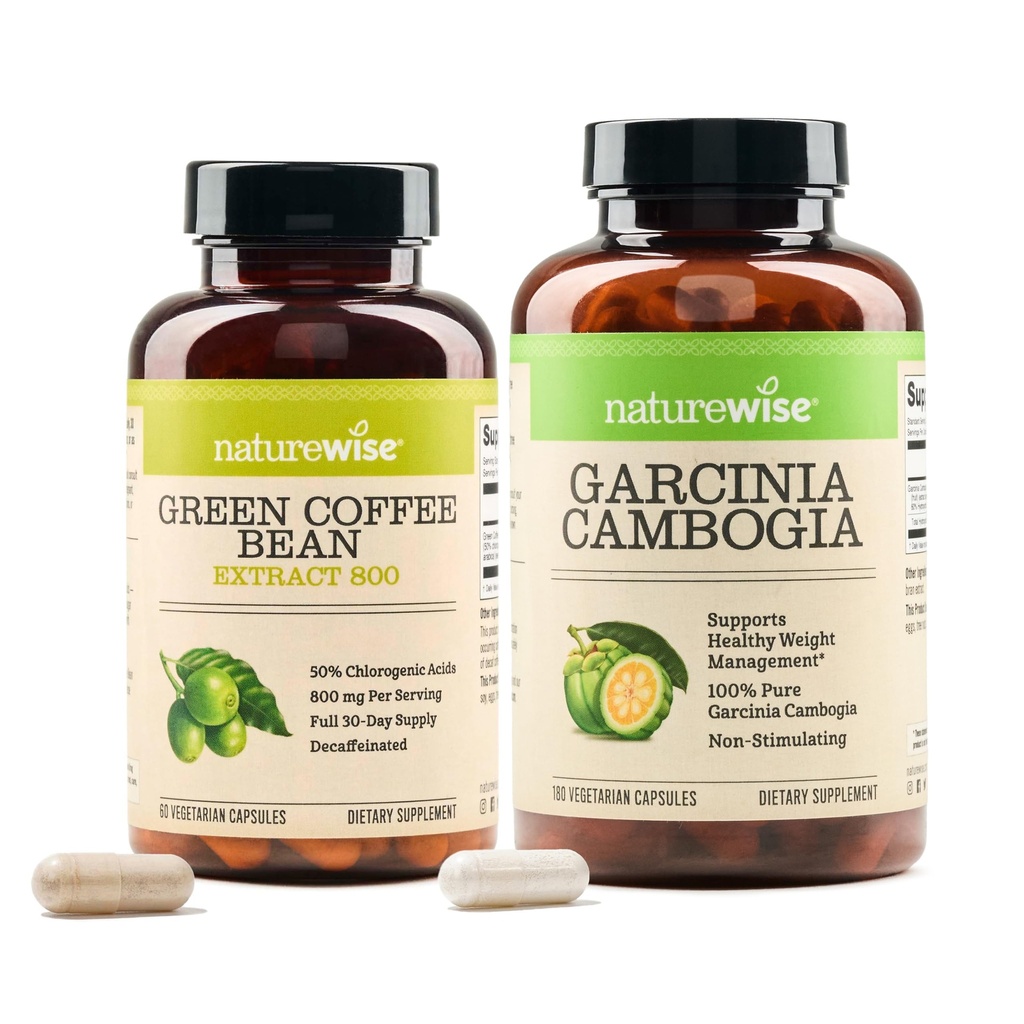 NatureWise Green Coffee Bean 800mg og Garcinia Cambogia 180 Kapsler Vægt Mål Støtte