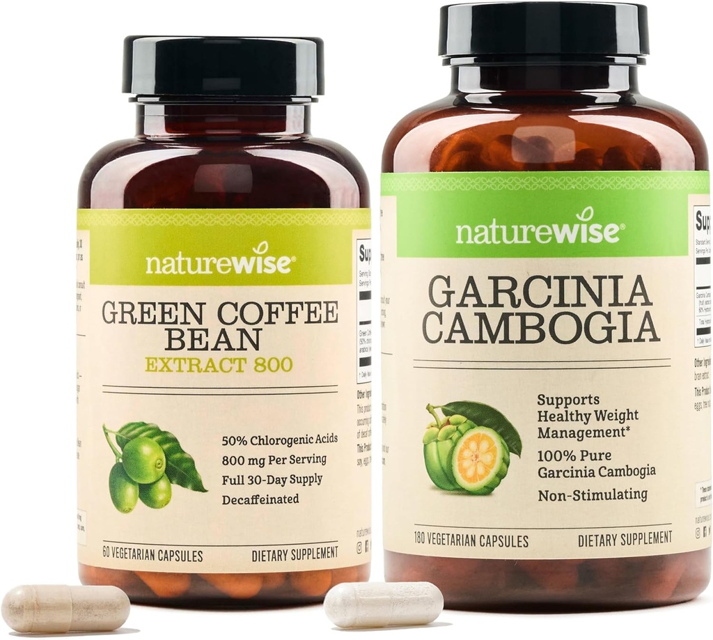 NatureWise Green Coffee Bean 800mg og Garcinia Cambogia 180 Kapsler Vægt Mål Støtte
