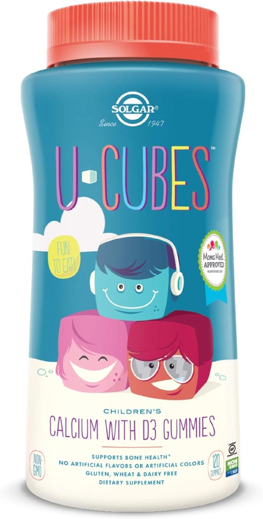 Solgar U-Cubes Children's Calcium with Vitamin D3, 120 Gummies - Strawberry Flavor - Supports Bone & Teeth Health - Non GMO Gluten Free, Dairy Free - 60 Servings
