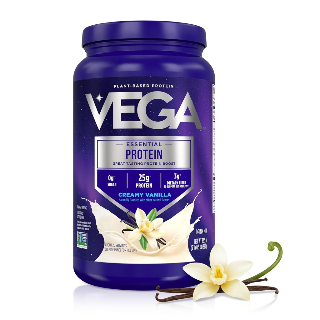 Vega Original Essential Protein - 25g Plant- baseret protein, Creamy Vanilla, 20 Servering, Vegan Non- GMO Drink Mix, Smoothie & Shake Ready, Gluten Free, Dairy Free, 32.5oz (Packaging May Vary)