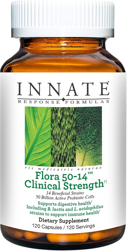 Innate Response Formulas Flora 50- 14 Clinical Strength - Probiotic Supplement med 50 Millioner CFU - 14 Probiotiske Strops - Vegetarisk og non- GMO - Made without 9 Food Allergens - 120 Kapsler