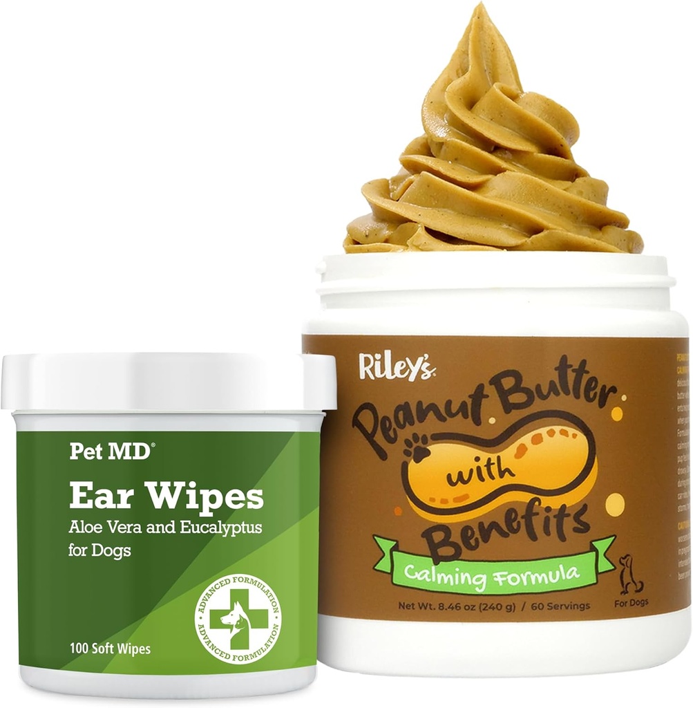 Pet MD Dog Ear Cleaner Wipes + Riley 's Calming Peanut Butter til hunde