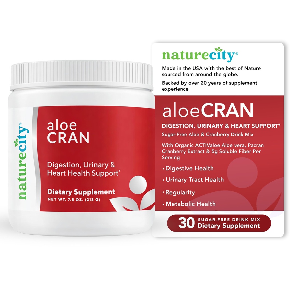 NatureCity AloeCran - Pure Aloe Vera Blend med Cranberry Powder Supplement - Sukker Free Fiber Combo Mix til fordøjelse og urinveje - Gut & Metabolic Health Support - 30 dages forsyning