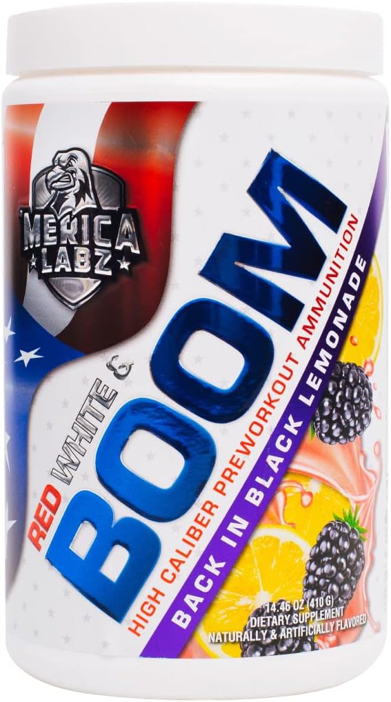 'Merica Labz Red, hvid, og Boom, High Caliber Pre Workout med VasoDrive- AP ®, 350mg Koffein, Max Energy, Pump og Focus, Øget blodgennemstrømning og muskelvolumen, 20 Serveringer (Tilbage i Black Lemonade)