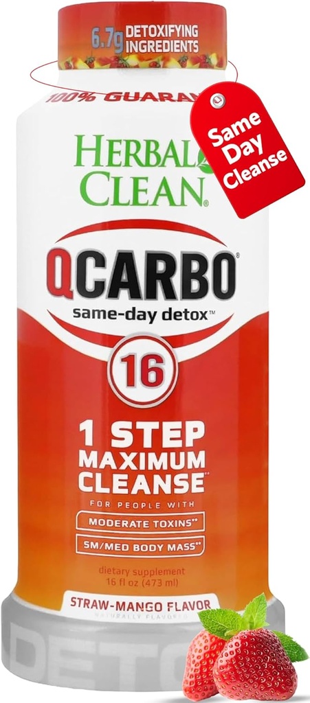 Herbal Clean Qcarbo16 Same-dag Detox Rensning Drik (16 fl oz) - Jordbær Mango Flavor Fuld Krop Rensning * Detox Drik for moderat toksin niveau *, vitamin B2 og vitamin B12 for mænd og kvinder