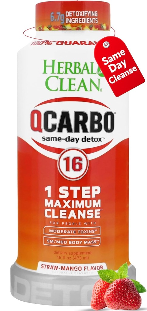 Herbal Clean Qcarbo16 Same-dag Detox Rensning Drik (16 fl oz) - Jordbær Mango Flavor Fuld Krop Rensning * Detox Drik for moderat toksin niveau *, vitamin B2 og vitamin B12 for mænd og kvinder