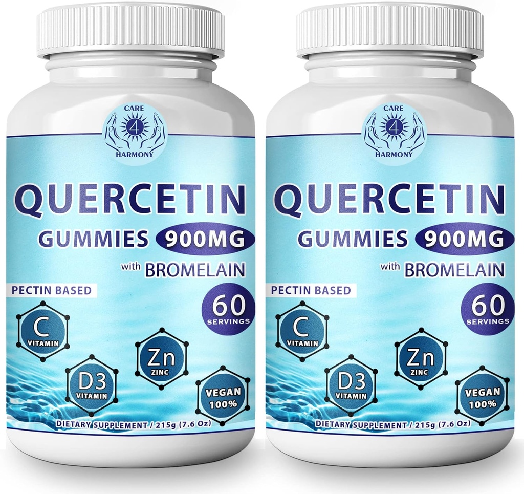 (2 Pack) Quercetin Gummies - Quercetin med bromelain Vitamin C + Zink Vitamin D3 - Chewable Quercetin 900mg Kosttilskud - Quercetin til børn og voksne (2)