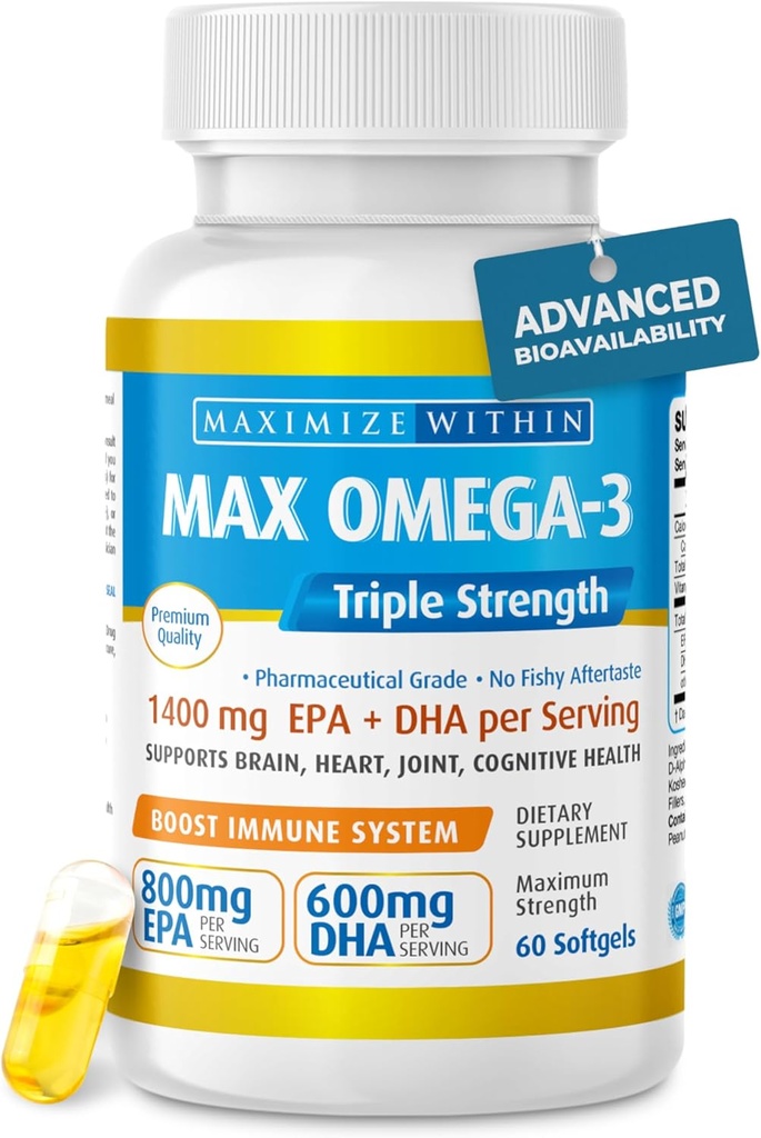 Maksimum Slim Max Omega 3 Fish Oil Pills - Triple Strength Fish Oil Supplement (2000 mg Total Omega 3 Fedtsyrer: 600mg DHA + 800 mg EPA per servering)