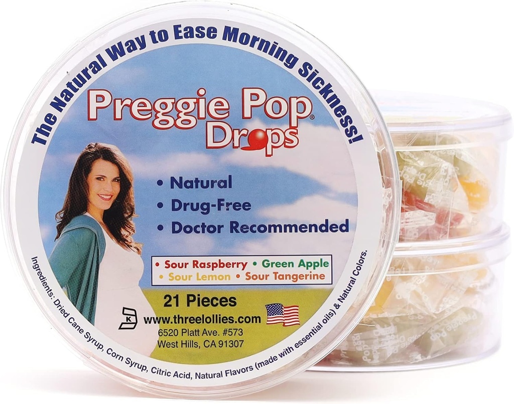 Preggie Pop Drops - hjælper Morgenkvalme under graviditet (3 pakke, 63 tæller) - Med essentielle olier, Sikker for gravide mor & Baby, Gluten Free - Lemon, Hindbær, Grønne Apple, Tangerine