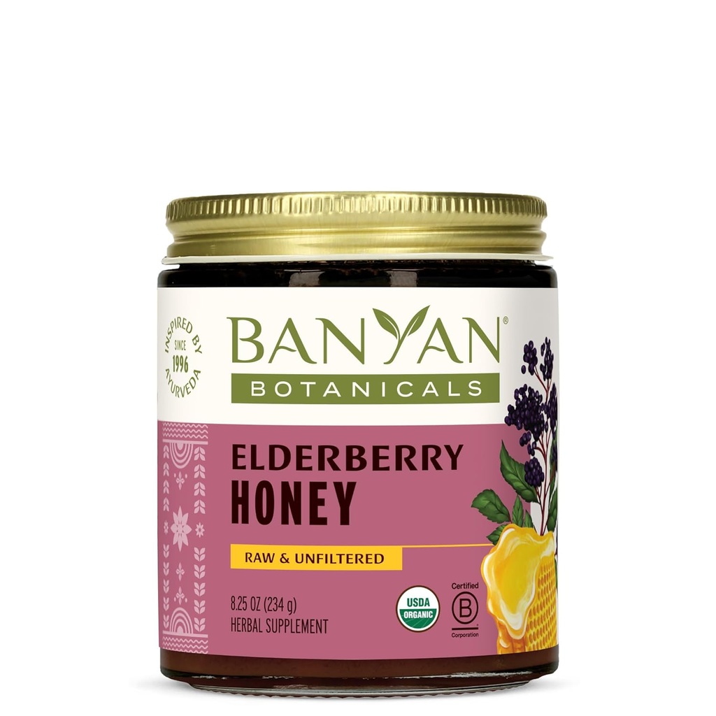 Banyan Botanicals Organic Elderberry Honey - Med Sambucus, Amla & Marshmallow - Elderberry Immun Support til børn og voksne * - 8.25 Oz - Rå, ufiltreret, Pollinator- Friendly, Sustainable Sourced, Fair Wild