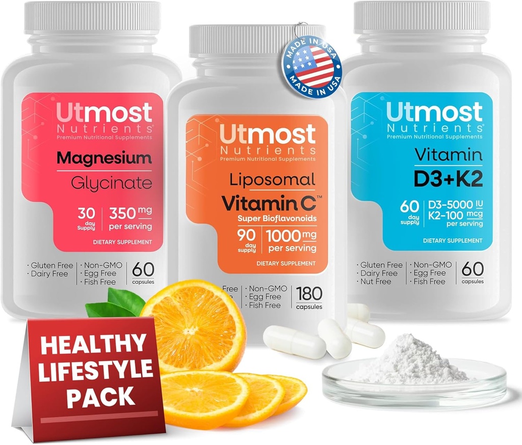 Liposomal C-vitamin med Super Bioflavonoider 1000MG (180 kapsler), D3- vitamin med K2 5000IE (60 kapsler) og Magnesium Glycinat 350MG (60 kapsler) - Non-GMO, Gluten- Free Supplementme