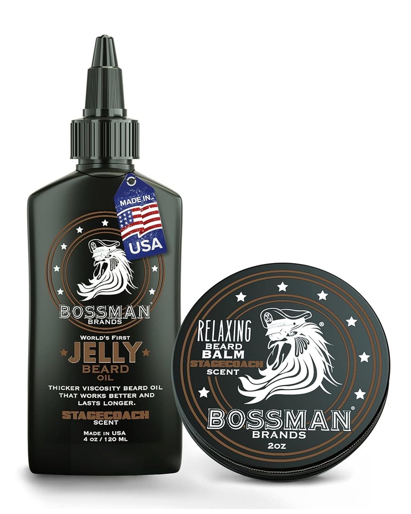 Bossman Jelly Beard Olie til mænd & Beard Balm til mænd Combo - Softens, Tammes Fugt & Betingelser - Stagecoach Duft - Naturlige ingredienser & Lavet i USA