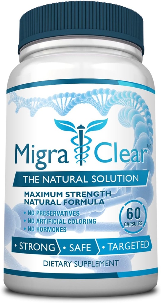 All Natural Migræne Support - Magnesium, Ginkgo Biloba, Ginger, White Willow, Feverfew - 60 kapsler - 1 flaske