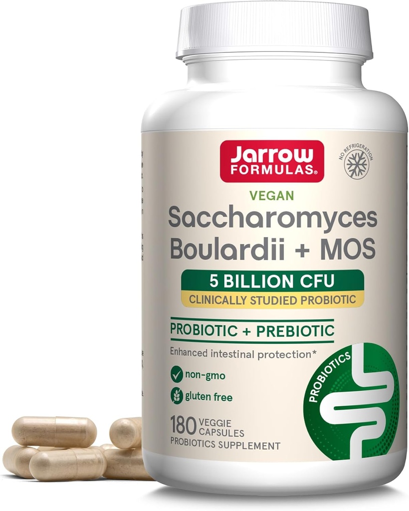 Jarrow Formulas Saccharomyces Boulardii + MOS - 5 Millioner Organismer Per Servering - 180 Delayed Release Veggie Caps - Probiotic + Prebiotic - Intestinal Tract Support - Op til 180 Servere