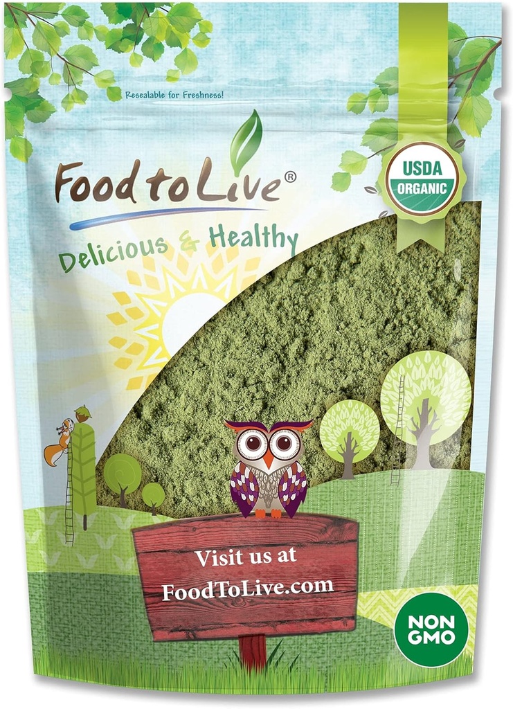 Food to Live Organic Alfalfa Powder, 1,5 Pounds - Non-GMO, Raw Tørret hele unge blade, Vegan, Great for Bagning, Juices, Smoothies, Shakes, Tea, og drikkevarer. God kilde til kostfibre og protein